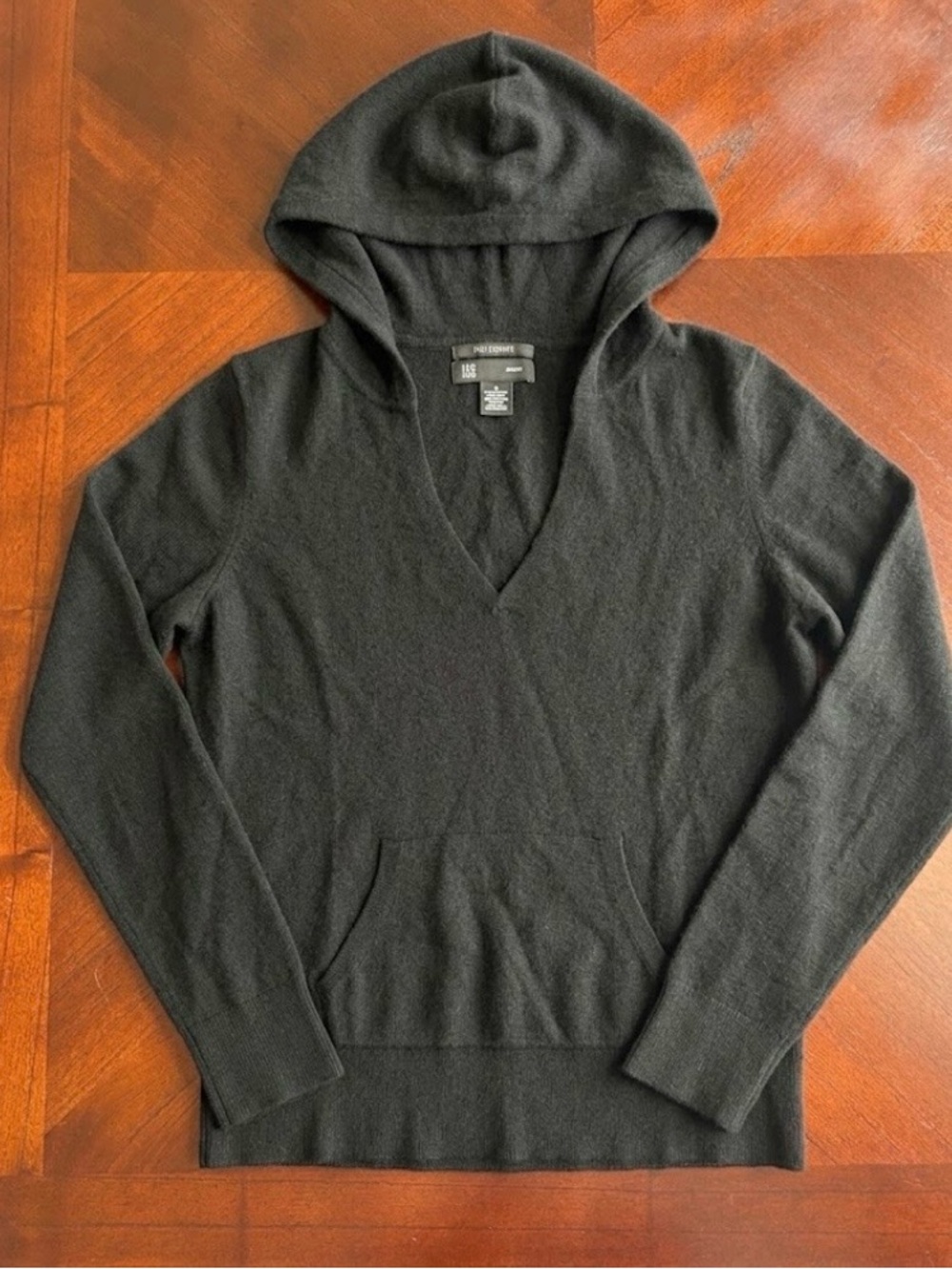 INC International Concepts Black V-Neck Cashmere-Blend Hooded Sweater size M